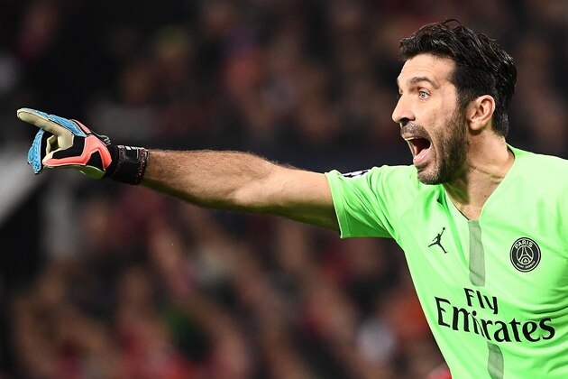 Paris Saint-Germain's Italian goalkeeper Gianluigi Buffon shouts during the first leg of the UEFA Champions League round of 16 football match between Manchester United and Paris Saint-Germain (PSG) at Old Trafford in Manchester, north-west England on February 12, 2019. (Photo by FRANCK FIFE / AFP)        (Photo credit should read FRANCK FIFE/AFP/Getty Images)
