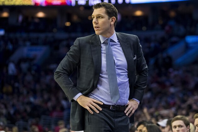 Los Angeles Lakers' head coach Luke Walton looks on during the first half of an NBA basketball game against the Philadelphia 76ers, Sunday, Feb. 10, 2019, in Philadelphia. The 76ers won 143-120. (AP Photo/Chris Szagola)