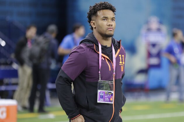 Oklahoma quarterback Kyler Murray runs a drill at the NFL football scouting combine in Indianapolis, Saturday, March 2, 2019. (AP Photo/Michael Conroy)