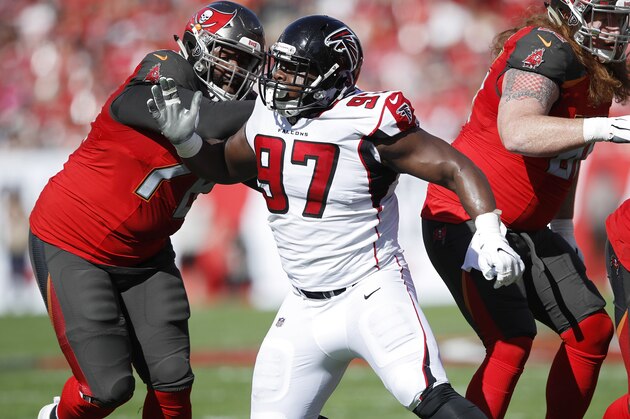TAMPA, FL - DECEMBER 30: Grady Jarrett #97 of the Atlanta Falcons in action during the game against the Tampa Bay Buccaneers at Raymond James Stadium on December 30, 2018 in Tampa, Florida. The Falcons won 34-32. (Photo by Joe Robbins/Getty Images)