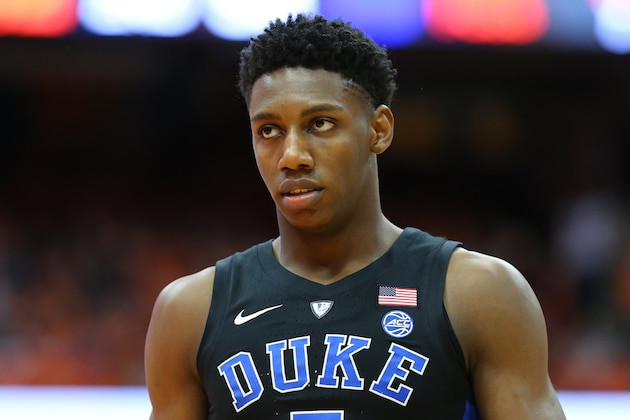 SYRACUSE, NY - FEBRUARY 23:  RJ Barrett #5 of the Duke Blue Devils looks on against the Syracuse Orange during the second half at the Carrier Dome on February 23, 2019 in Syracuse, New York. Duke defeated Syracuse 75-65. (Photo by Rich Barnes/Getty Images)