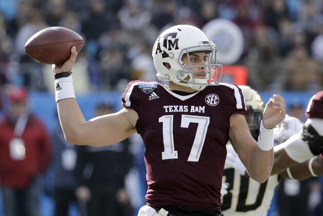 Texas A&M's Nick Starkel (17) looks to pass against Wake Forest during the first half of the Belk Bowl NCAA college football game in Charlotte, N.C., Friday, Dec. 29, 2017. (AP Photo/Chuck Burton)