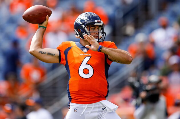 DENVER, CO - SEPTEMBER 16:  Quarterback Chad Kelly #6 of the Denver Broncos throws as he warms up before a game against the Oakland Raiders at Broncos Stadium at Mile High on September 16, 2018 in Denver, Colorado. (Photo by Justin Edmonds/Getty Images)