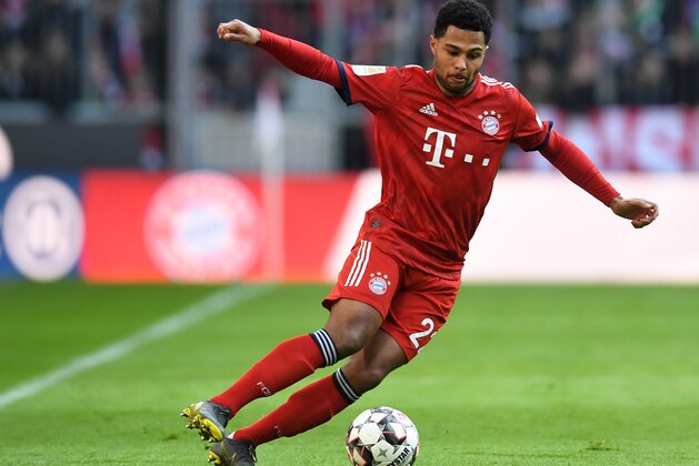 Bayern Munich's midfielder Serge Gnabry plays the ball during the German first division Bundesliga football match Bayern Munich vs Hertha Berlin in Munich on February 23, 2019. (Photo by Christof STACHE / AFP)        (Photo credit should read CHRISTOF STACHE/AFP/Getty Images)