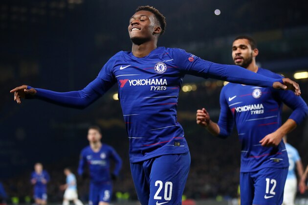 LONDON, ENGLAND - FEBRUARY 21: Callum Hudson-Odoi of Chelsea celebrates after he scores his sides third goal during the UEFA Europa League Round of 32 Second Leg match between Chelsea and Malmo FF at Stamford Bridge on February 21, 2019 in London, England. (Photo by Julian Finney/Getty Images)