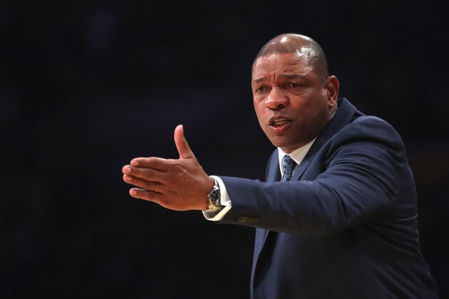 LOS ANGELES, CALIFORNIA - MARCH 04:  Head coach Doc Rivers of the Los Angeles Clippers motions to officials during the first half of a game against the Los Angeles Lakers at Staples Center on March 04, 2019 in Los Angeles, California. (Photo by Sean M. Haffey/Getty Images)