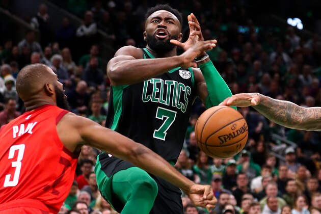 BOSTON, MA - MARCH 03:  Jaylen Brown #7 of the Boston Celtics loses the ball while driving to the basket during a game against the Houston Rockets at TD Garden on March 3, 2019 in Boston, Massachusetts. NOTE TO USER: User expressly acknowledges and agrees that, by downloading and or using this photograph, User is consenting to the terms and conditions of the Getty Images License Agreement. (Photo by Adam Glanzman/Getty Images)