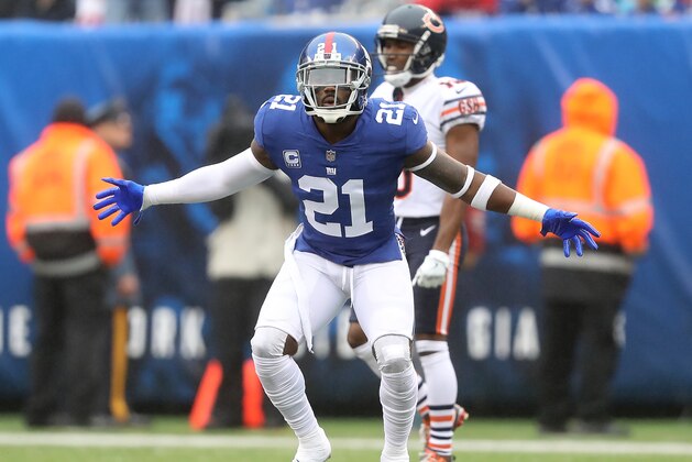 EAST RUTHERFORD, NEW JERSEY - DECEMBER 02:  Landon Collins #21 of the New York Giants reacts after being called for pass interference during the first quarter against the Chicago Bears at MetLife Stadium on December 02, 2018 in East Rutherford, New Jersey. (Photo by Elsa/Getty Images)