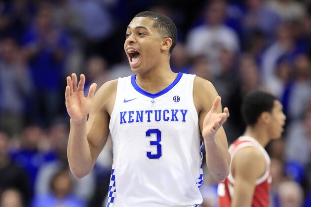 LEXINGTON, KENTUCKY - FEBRUARY 26:  Keldon Johnson #3 of the Kentucky Wildcats celebrates in the game against the Arkansas Razorbacks at Rupp Arena on February 26, 2019 in Lexington, Kentucky. (Photo by Andy Lyons/Getty Images)