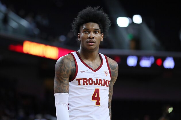 LOS ANGELES, CALIFORNIA - FEBRUARY 23: Kevin Porter Jr. #4 of the USC Trojans looking on against the Oregon State Beavers during a college basketball game at Galen Center on February 23, 2019 in Los Angeles, California. (Photo by Leon Bennett/Getty Images)