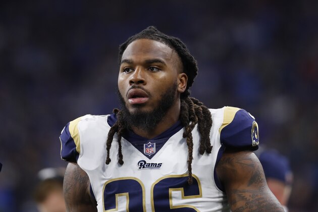 Los Angeles Rams inside linebacker Mark Barron watches against the Detroit Lions during an NFL football game in Detroit, Sunday, Dec. 2, 2018. (AP Photo/Paul Sancya)