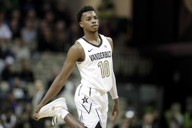 FILE - In this Nov. 16, 2018, file photo, Vanderbilt guard Darius Garland plays against Alcorn State in the first half of an NCAA college basketball game in Nashville, Tenn. Vanderbilt coach Bryce Drew said Tuesday, Nov.27, 2018, that heralded freshman guard Darius Garland will miss the remainder of the season after injuring his left knee last week. (AP Photo/Mark Humphrey, File)