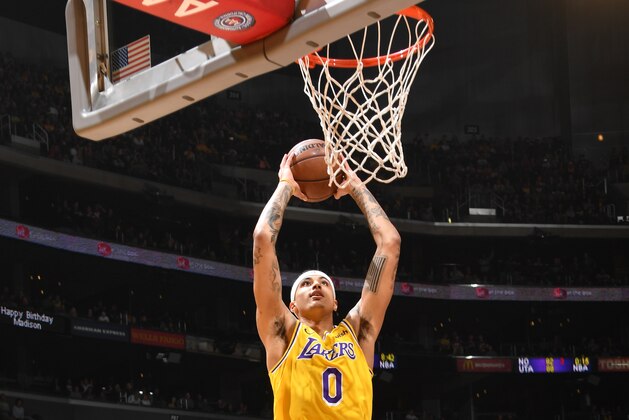 LOS ANGELES, CA - MARCH 4: Kyle Kuzma #0 of the Los Angeles Lakers dunks against the LA Clippers on March 4, 2019 at STAPLES Center in Los Angeles, California. NOTE TO USER: User expressly acknowledges and agrees that, by downloading and/or using this Photograph, user is consenting to the terms and conditions of the Getty Images License Agreement. Mandatory Copyright Notice: Copyright 2019 NBAE (Photo by Andrew D. Bernstein/NBAE via Getty Images)