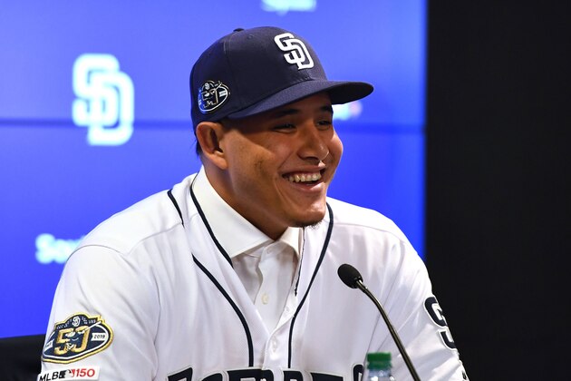 PEORIA, ARIZONA - FEBRUARY 22: Manny Machado #8 of the San Diego Padres addresses the media at Peoria Stadium on February 22, 2019 in Peoria, Arizona. (Photo by Jennifer Stewart/Getty Images)
