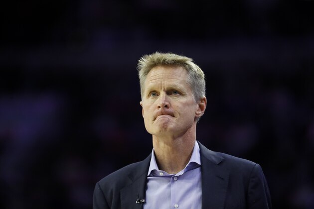 Golden State Warriors' Steve Kerr in action during an NBA basketball game against the Philadelphia 76ers, Saturday, March 2, 2019, in Philadelphia. (AP Photo/Matt Slocum)