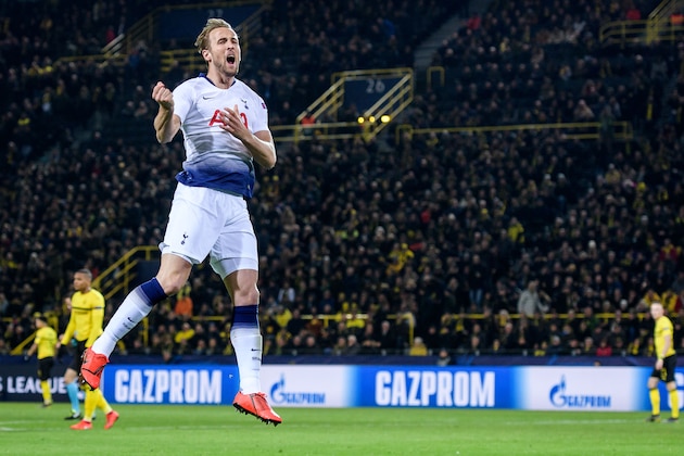 DORTMUND, GERMANY - MARCH 05: Harry Kane of Tottenham celebrating after his goal for the 0-1 lead during the UEFA Champions League Round of 16 Second Leg match between Borussia Dortmund and Tottenham Hotspur at Westfalen Stadium on March 5, 2019 in Dortmund, North Rhine-Westphalia. (Photo by Jörg Schüler/Getty Images )