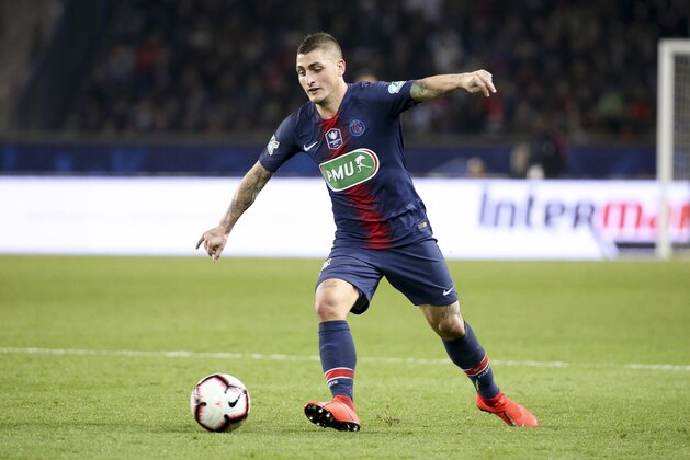 PARIS, FRANCE - FEBRUARY 26: Marco Verratti of PSG during the French Cup (Coupe de France) quarter-final match between Paris Saint-Germain (PSG) and Dijon Football Cote-d'Or (DFCO) at Parc des Princes stadium on February 26, 2019 in Paris, France. (Photo by Jean Catuffe/Getty Images)