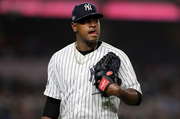 NEW YORK, NEW YORK - OCTOBER 08:   Luis Severino #40 of the New York Yankees walks back to the dugout after being pulled against the Boston Red Sox during the fourth inning in Game Three of the American League Division Series at Yankee Stadium on October 08, 2018 in the Bronx borough of New York City. (Photo by Elsa/Getty Images)