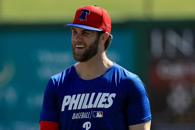 CLEARWATER, FLORIDA - MARCH 03: Bryce Harper #3 of the Philadelphia Phillies works out at Spectrum Field on March 03, 2019 in Clearwater, Florida. (Photo by Mike Ehrmann/Getty Images)