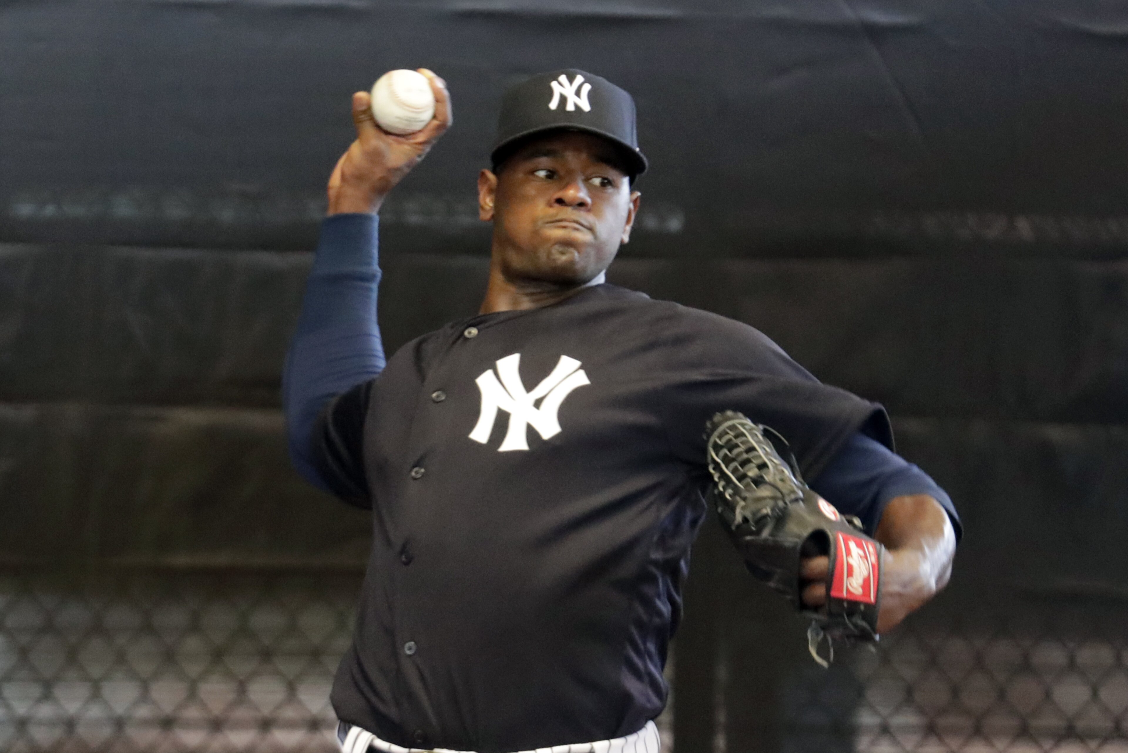 New York Yankees starting pitcher Luis Severino throws in the bullpen at the New York Yankees spring training baseball facility, Thursday, Feb. 14, 2019, in Tampa, Fla. (AP Photo/Lynne Sladky)