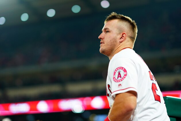 ANAHEIM, CA - SEPTEMBER 28:  Mike Trout #27 of the Los Angeles Angels looks on during a game against the Oakland Athletics at Angel Stadium on September 28, 2018 in Anaheim, California.  (Photo by Masterpress/Getty Images)