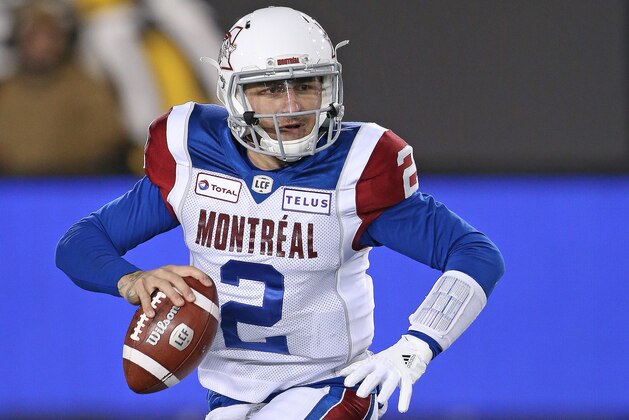 HAMILTON, ON - NOVEMBER 3:  Johnny Manziel #2 of the Montreal Alouettes gets set to fire a pass against the Hamilton Tiger-Cats in a CFL game at Tim Hortons Field on November 3, 2018 in Hamilton, Ontario, Canada. (Photo by Claus Andersen/Getty Images)