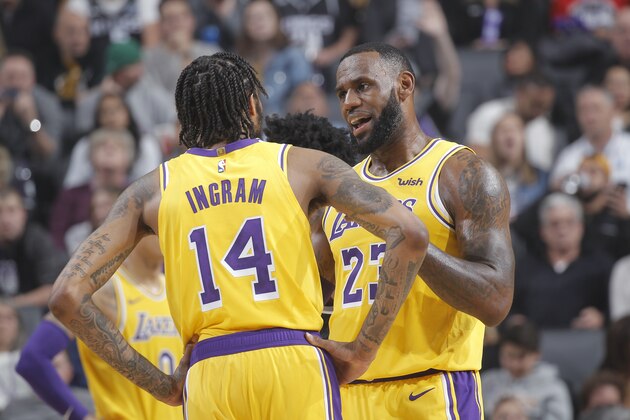 SACRAMENTO, CA - NOVEMBER 10: LeBron James #23 and Brandon Ingram #14 of the Los Angeles Lakers talk during the game against the Sacramento Kings on November 10, 2018 at Golden 1 Center in Sacramento, California. NOTE TO USER: User expressly acknowledges and agrees that, by downloading and or using this photograph, User is consenting to the terms and conditions of the Getty Images Agreement. Mandatory Copyright Notice: Copyright 2018 NBAE (Photo by Rocky Widner/NBAE via Getty Images)