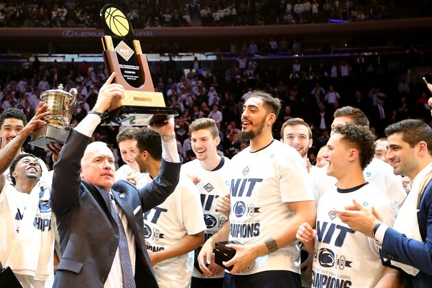 NEW YORK, NY - MARCH 29: Head coach Pat Chambers of the Penn State Nittany Lions celebrates with his team after defeating the Utah Utes 82-66 during the 2018 NIT Championship game at Madison Square Garden on March 29, 2018 in New York City.  (Photo by Abbie Parr/Getty Images)