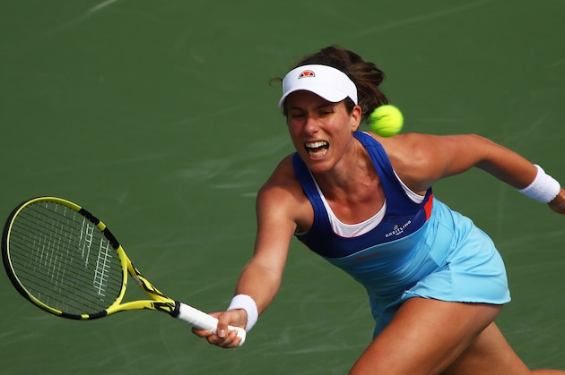 INDIAN WELLS, CALIFORNIA - MARCH 06: Johanna Konta of Great Britain plays a forehand against Pauline Parmentier of France during their ladies singles first round match on day three of the BNP Paribas Open at the Indian Wells Tennis Garden on March 06, 2019 in Indian Wells, California. (Photo by Clive Brunskill/Getty Images)