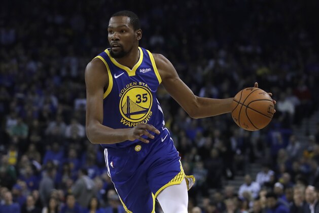 Golden State Warriors' Kevin Durant drives against the Boston Celtics during an NBA basketball game Tuesday, March 5, 2019, in Oakland, Calif. (AP Photo/Ben Margot)