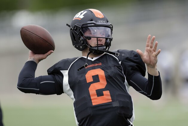 Former Heisman Trophy-winning quarterback Johnny Manziel (2) prepares for a developmental Spring League game, Saturday, April 7, 2018, in Austin, Texas. Manziel is hoping to impress NFL scouts in his bid to return to the league. (AP Photo/Eric Gay)