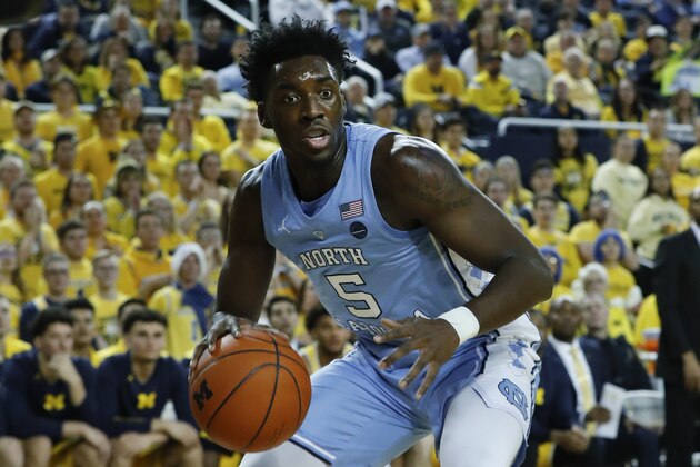 North Carolina forward Nassir Little plays against Michigan in the first half of an NCAA college basketball game in Ann Arbor, Mich., Wednesday, Nov. 28, 2018. (AP Photo/Paul Sancya)