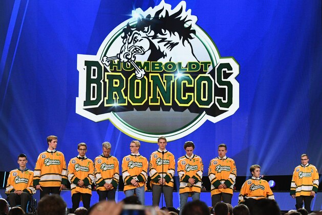 LAS VEGAS, NV - JUNE 20:  Members of the Humboldt Broncos junior hockey league team stand onstage during the 2018 NHL Awards presented by Hulu at The Joint inside the Hard Rock Hotel & Casino on June 20, 2018 in Las Vegas, Nevada.  (Photo by Ethan Miller/Getty Images)