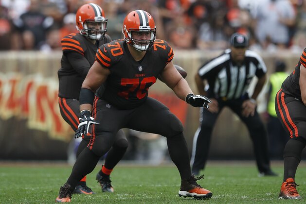 Cleveland Browns offensive guard Kevin Zeitler (70) sets to block against the Baltimore Ravens defense during an NFL game, Sunday, Oct. 7, 2018, in Cleveland. The Browns won 12-9 in overtime. (Jeff Haynes/AP Images for Panini)