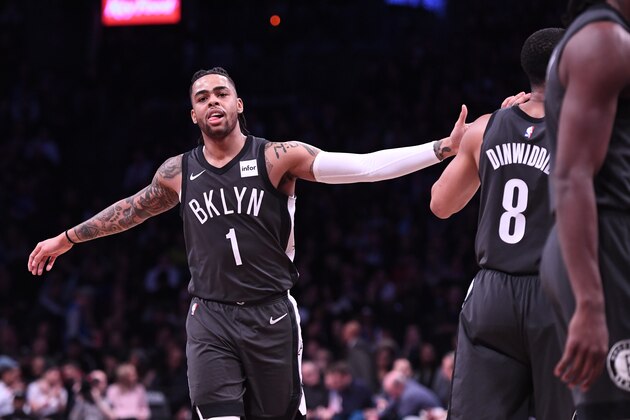 NEW YORK, NY - MARCH 04: D'Angelo Russell #1 and Spencer Dinwiddie #8 of the Brooklyn Nets react during the game against the Dallas Mavericks at Barclays Center on March 04, 2019 in the Brooklyn borough of New York City. NOTE TO USER: User expressly acknowledges and agrees that, by downloading and or using this photograph, User is consenting to the terms and conditions of the Getty Images License Agreement. (Photo by Matteo Marchi/Getty Images)