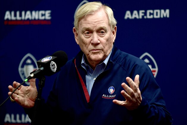 ATLANTA, GEORGIA - FEBRUARY 24: Bill Polian speaks with the press after the Alliance of American Football game between the Atlanta Legends and the Birmingham Iron at Georgia State Stadium on February 24, 2019 in Atlanta, Georgia. (Photo by Logan Riely/AAF/Getty Images)