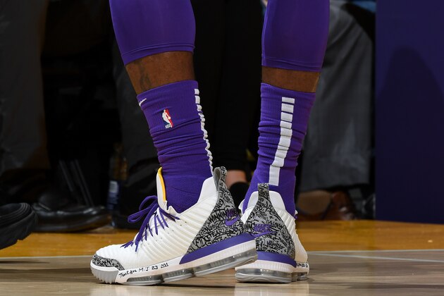 LOS ANGELES, CA - MARCH 6: The sneakers worn by LeBron James #23 of the Los Angeles Lakers against the Denver Nuggets on March 6 2019 at STAPLES Center in Los Angeles, California. NOTE TO USER: User expressly acknowledges and agrees that, by downloading and/or using this Photograph, user is consenting to the terms and conditions of the Getty Images License Agreement. Mandatory Copyright Notice: Copyright 2019 NBAE (Photo by Andrew D. Bernstein/NBAE via Getty Images)