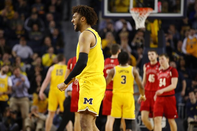 ANN ARBOR, MICHIGAN - FEBRUARY 28:  Isaiah Livers #4 of the Michigan Wolverines reacts while playing the Nebraska Cornhuskers at Crisler Arena on February 28, 2019 in Ann Arbor, Michigan. (Photo by Gregory Shamus/Getty Images)