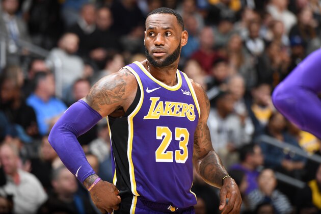 LOS ANGELES, CA - MARCH 6: LeBron James #23 of the Los Angeles Lakers looks on against the Denver Nugget on March 6 2019 at STAPLES Center in Los Angeles, California. NOTE TO USER: User expressly acknowledges and agrees that, by downloading and/or using this Photograph, user is consenting to the terms and conditions of the Getty Images License Agreement. Mandatory Copyright Notice: Copyright 2019 NBAE (Photo by Andrew D. Bernstein/NBAE via Getty Images)