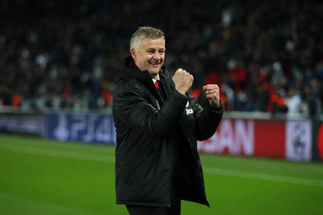 PARIS, FRANCE - MARCH 06:  Manchester United Head Coach / Manager Ole Gunnar Solskjaer celebrates at the end of the UEFA Champions League Round of 16 Second Leg match between Paris Saint-Germain and Manchester United at Parc des Princes on March 6, 2019 in Paris, France. (Photo by Matthew Ashton - AMA/Getty Images)