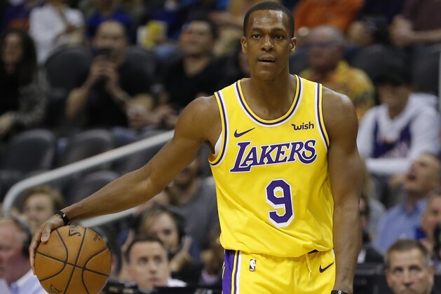 Los Angeles Lakers guard Rajon Rondo (9) in the second half during an NBA basketball game against the Phoenix Suns, Saturday, March 2, 2019, in Phoenix. The Suns defeated the Lakers 118-109.(AP Photo/Rick Scuteri)