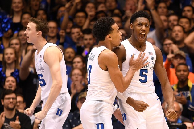 DURHAM, NORTH CAROLINA - MARCH 05: Alex O'Connell #15, Tre Jones #3 and RJ Barrett #5 of the Duke Blue Devils celebrate during the final seconds of their win against the Wake Forest Demon Deacons at Cameron Indoor Stadium on March 05, 2019 in Durham, North Carolina. Duke won 71-70. (Photo by Grant Halverson/Getty Images)