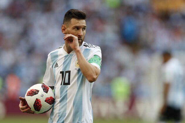 Argentina's Lionel Messi stands on the pitch during the round of 16 match between France and Argentina, at the 2018 soccer World Cup at the Kazan Arena in Kazan, Russia, Saturday, June 30, 2018. (AP Photo/Frank Augstein)