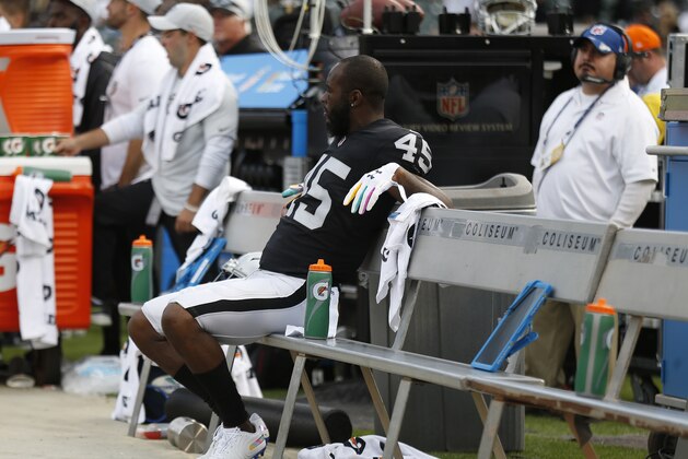 Oakland Raiders defensive back Dominique Rodgers-Cromartie (45) sits on the bench during the second half of an NFL football game against the Indianapolis Colts in Oakland, Calif., Sunday, Oct. 28, 2018. (AP Photo/D. Ross Cameron)