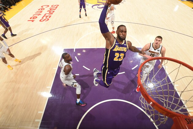 LOS ANGELES, CA - MARCH 6: LeBron James #23 of the Los Angeles Lakers dunks the ball against the Denver Nuggets on March 6 2019 at STAPLES Center in Los Angeles, California. NOTE TO USER: User expressly acknowledges and agrees that, by downloading and/or using this Photograph, user is consenting to the terms and conditions of the Getty Images License Agreement. Mandatory Copyright Notice: Copyright 2019 NBAE (Photo by Andrew D. Bernstein/NBAE via Getty Images)