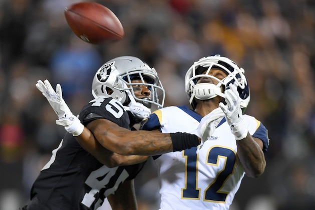 OAKLAND, CA - SEPTEMBER 10: Dominique Rodgers-Cromartie #45 of the Oakland Raiders is called for pass interference on Brandin Cooks #12 of the Los Angeles Rams during the second quarter of an NFL football game at Oakland-Alameda County Coliseum on September 10, 2018 in Oakland, California. (Photo by Thearon W. Henderson/Getty Images) OAKLAND, CA - SEPTEMBER 10: Dominique Rodgers-Cromartie #45 of the Oakland Raiders is called for pass interference on Brandin Cooks #12 of the Los Angeles Rams during the second quarter of an NFL football game at Oakland-Alameda County Coliseum on September 10, 2018 in Oakland, California. (Photo by Thearon W. Henderson/Getty Images)