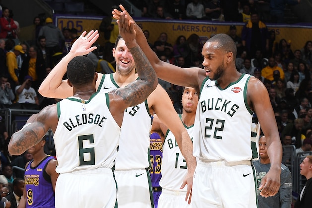 LOS ANGELES, CA - MARCH 1: The Milwaukee Bucks react during a game against the Los Angeles Lakers on March 1 2019 at STAPLES Center in Los Angeles, California. NOTE TO USER: User expressly acknowledges and agrees that, by downloading and/or using this Photograph, user is consenting to the terms and conditions of the Getty Images License Agreement. Mandatory Copyright Notice: Copyright 2019 NBAE (Photo by Andrew D. Bernstein/NBAE via Getty Images) LOS ANGELES, CA - MARCH 1: The Milwaukee Bucks react during a game against the Los Angeles Lakers on March 1 2019 at STAPLES Center in Los Angeles, California. NOTE TO USER: User expressly acknowledges and agrees that, by downloading and/or using this Photograph, user is consenting to the terms and conditions of the Getty Images License Agreement. Mandatory Copyright Notice: Copyright 2019 NBAE (Photo by Andrew D. Bernstein/NBAE via Getty Images)