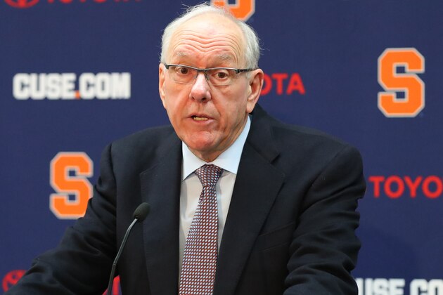 SYRACUSE, NY - FEBRUARY 23:  Head coach Jim Boeheim of the Syracuse Orange speaks with the media following the game against the Duke Blue Devils at the Carrier Dome on February 23, 2019 in Syracuse, New York. Duke defeated Syracuse 75-65. (Photo by Rich Barnes/Getty Images)