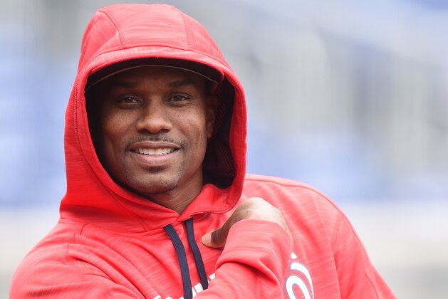 WASHINGTON, DC - APRIL 27:  Assistant hitting coach Jacque Jones #24 of the Washington Nationals looks on during batting practice of a baseball game against the Philadelphia Phillies at Nationals Park on April 27, 2016 in Washington, DC.  The Phillies won 3-0.  (Photo by Mitchell Layton/Getty Images)