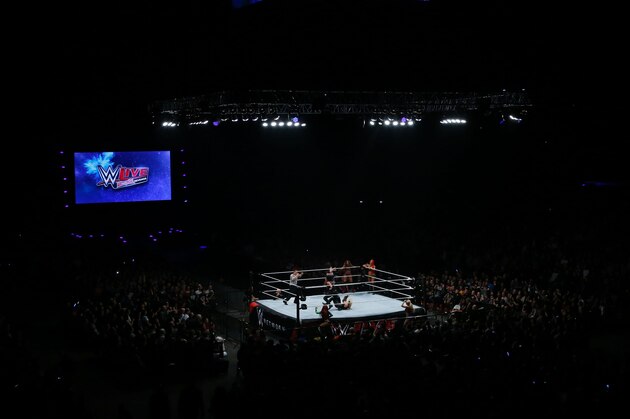 Wrestlers fight during a show at the AccorHotels Arena in Paris, as part of the WrestleMania Revenge Tour, the World Wrestling Entertainment (WWE) European tour, on April 22, 2016. / AFP / THOMAS SAMSON        (Photo credit should read THOMAS SAMSON/AFP/Getty Images)